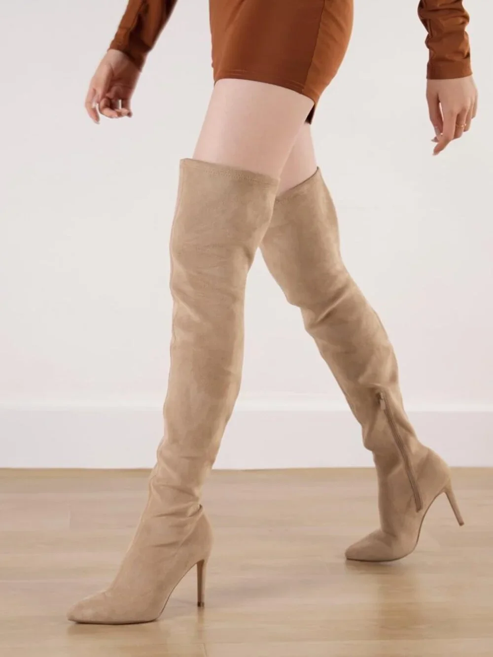 Women's Khaki Suede Side Zipper Stiletto Heel Stretch Over The Knee Boots